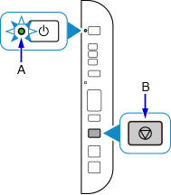 figure : Le voyant MARCHE clignote ; appuyez sur le bouton Arrêt